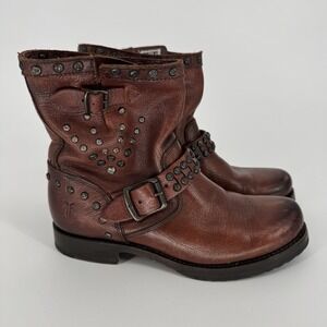 Frye Veronica Studded Short Moto Deco Boots Brown Leather Buckle Women's Size 6